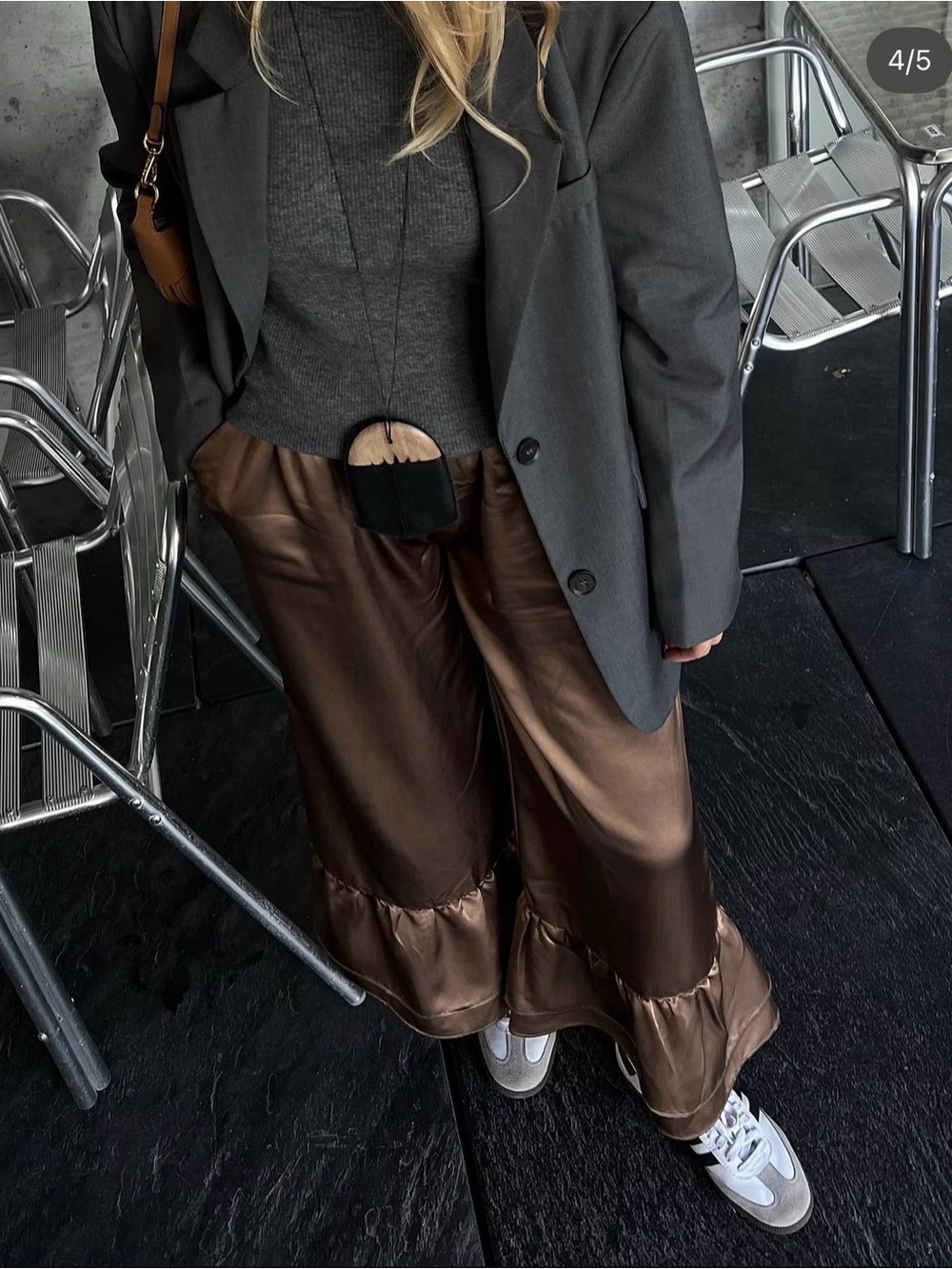 Satin Wide-Leg Ruffle-Hem Pants in Bronze - Picture 5 of 6